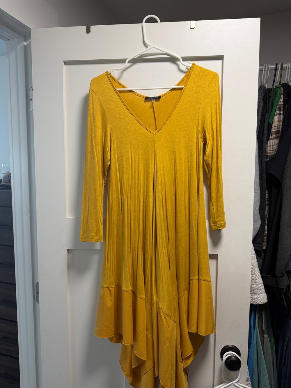 V-Neck Long Sleeve Swing Dress in Mustard Yellow